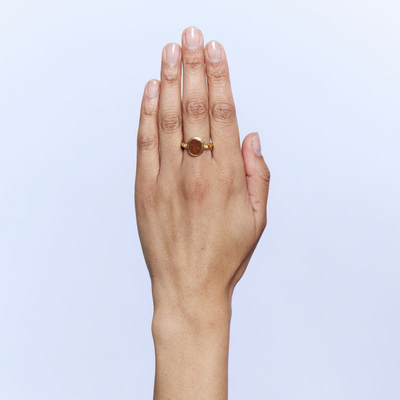 A gold signet ring with an oval amber-brown stone, worn on the ring finger of a hand, set against a light blue background.