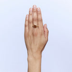 A gold signet ring with an oval amber-brown stone, worn on the ring finger of a hand, set against a light blue background.
