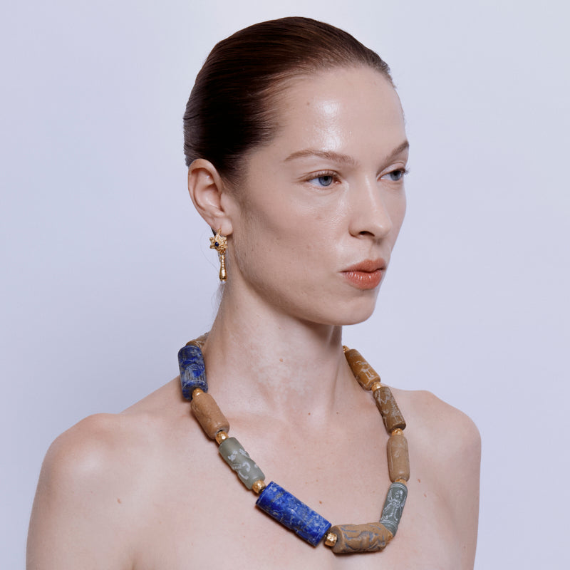 Rosette Earrings in Lapis and Pearl - 18K Gold Plated