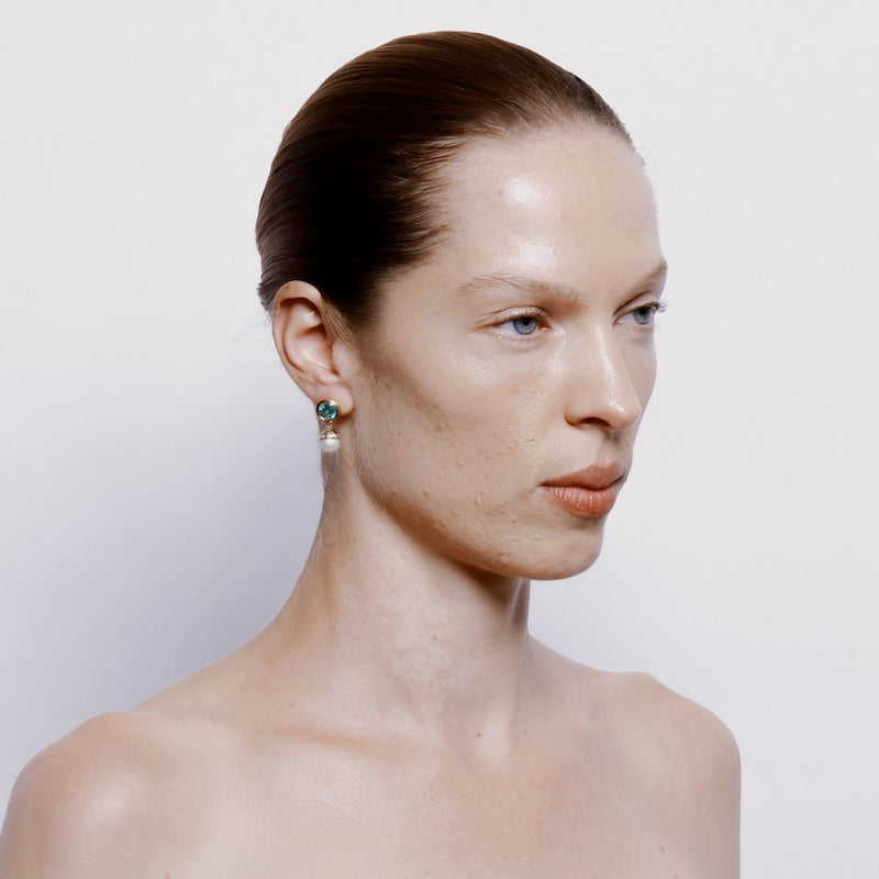 Pomona Earrings with Emerald, Pearl and Diamond - Solid Gold