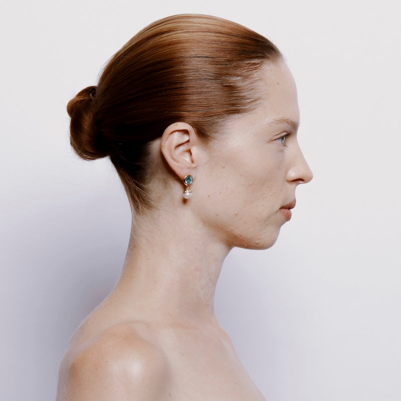 Pomona Earrings with Emerald, Pearl and Diamond - Solid Gold