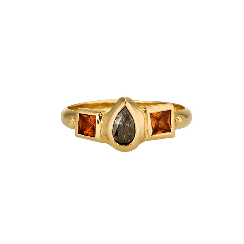 Gnomon Ring in Salt and Pepper Diamond and Garnet - Solid Gold