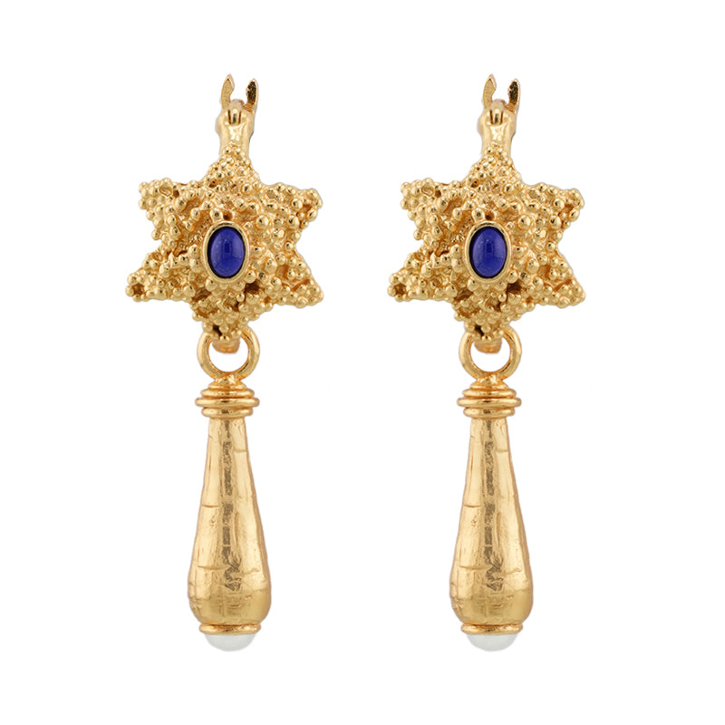 Rosette Earrings in Lapis and Pearl - 18K Gold Plated