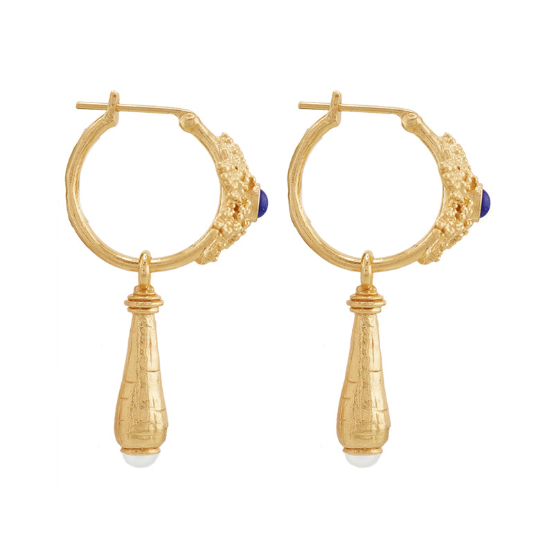 Rosette Earrings in Lapis and Pearl - 18K Gold Plated