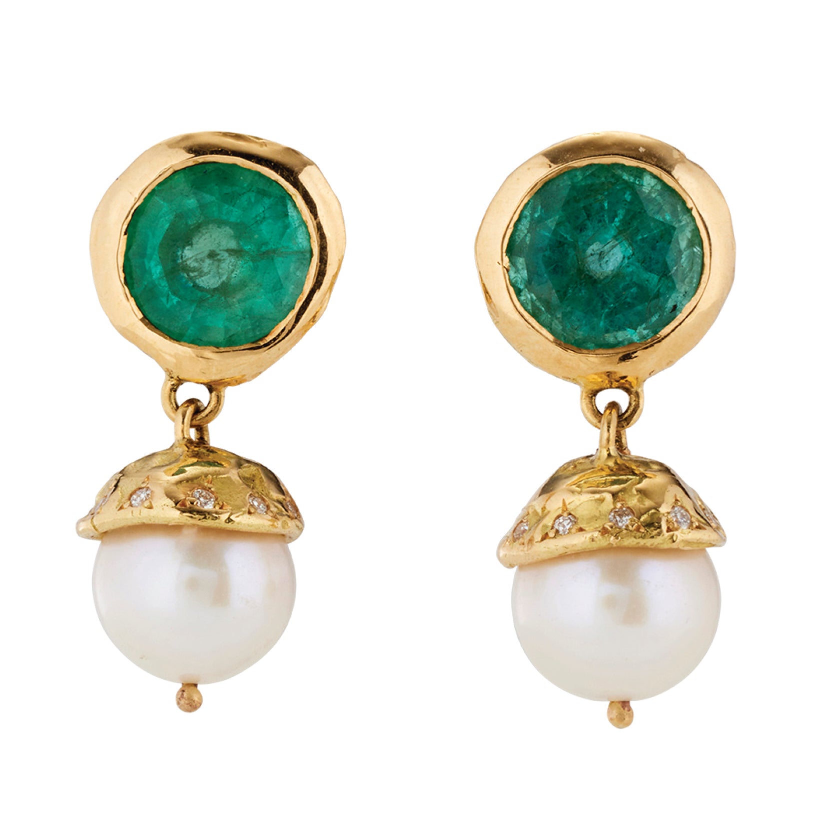 Pomona Earrings with Emerald, Pearl and Diamond - Solid Gold