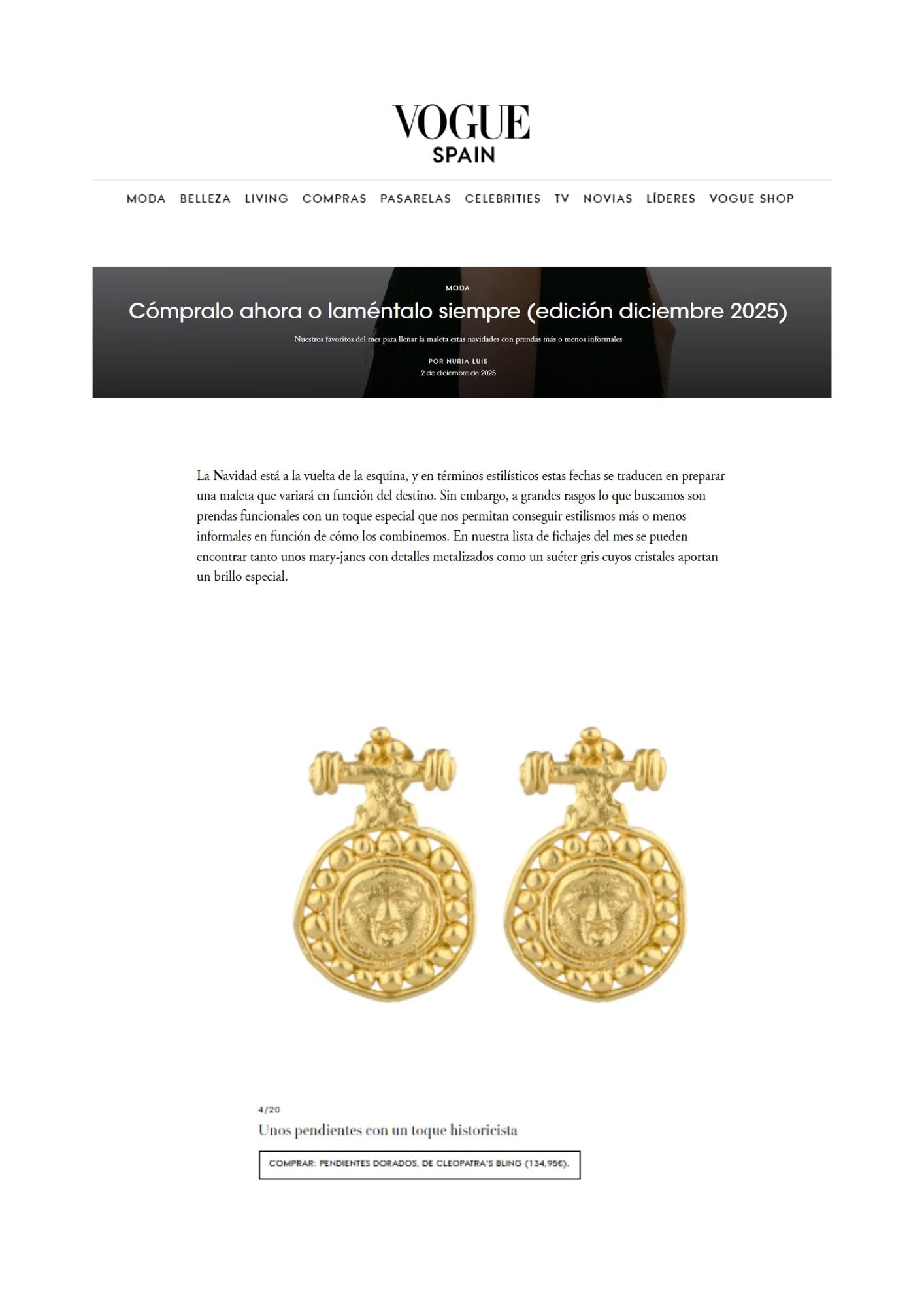 Gold earrings displayed on a Vogue Spain magazine cover with text overlay.