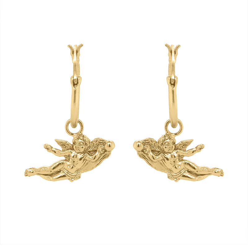 Botticini Hoops - Gold earrings with hanging cherub charms.